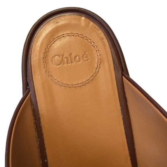Chloe Oil Leather Cork Mule Platform Sandals Womens 41 Brown Gold Leather Slides - Picture 7 of 12